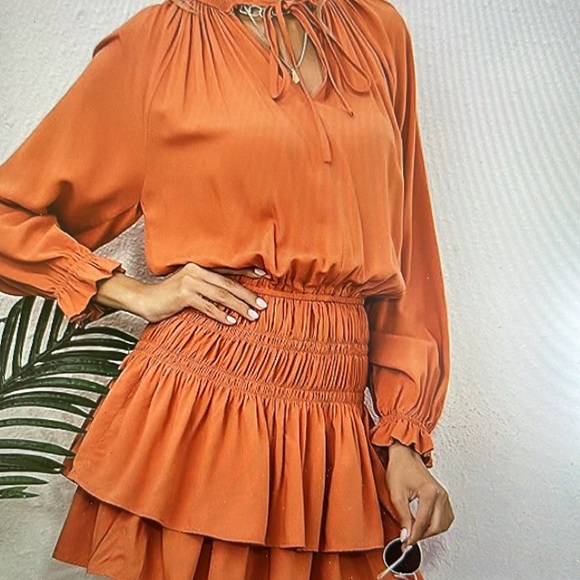 R. Vivimos women’s cotton long sleeves neck layered ruffles pleated mini dress - Picture 2 of 5